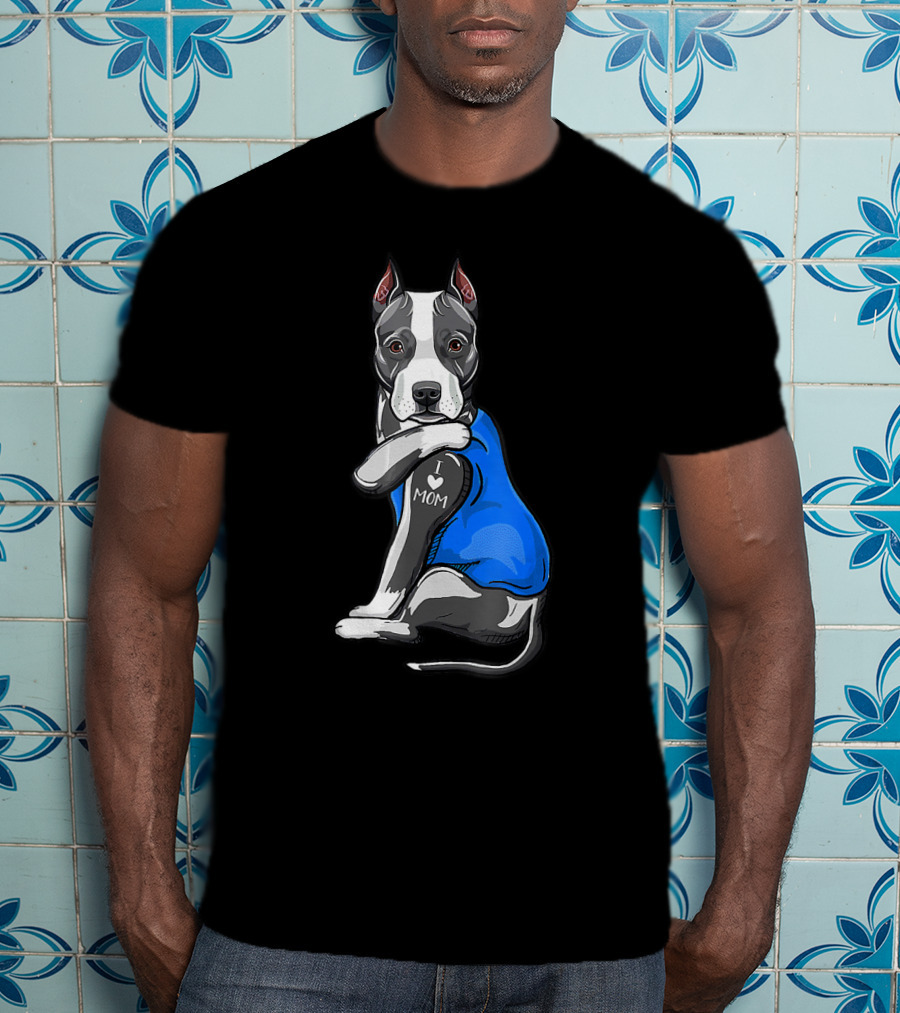 Pit Bull Dog I Love Mom Tattoo Blue T-Shirt