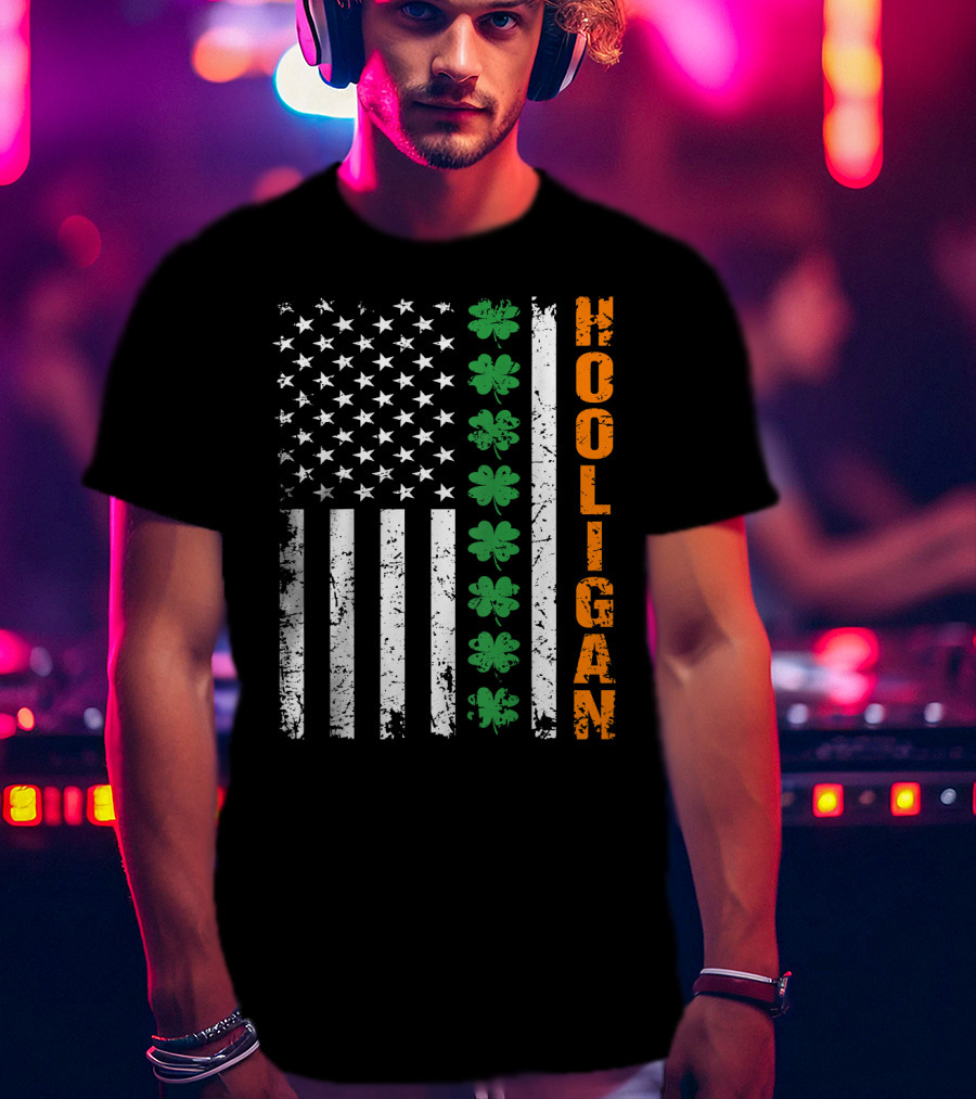 Irish American Flag Shamrocks Hooligan St Pats T-Shirt