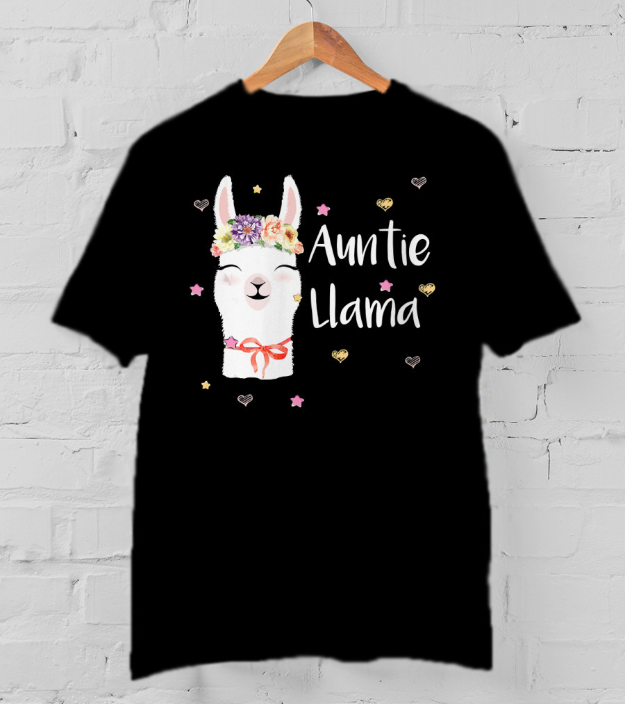 Auntie Llama Cute Floral Crown And Stars For Llama Lovers T-Shirt