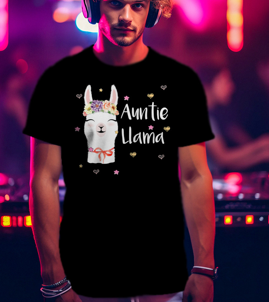 Auntie Llama Cute Floral Crown And Stars For Llama Lovers T-Shirt