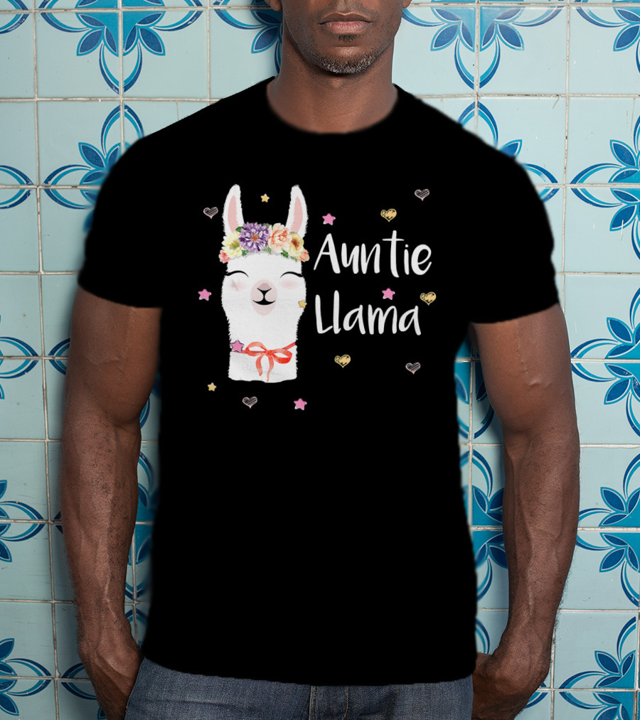 Auntie Llama Cute Floral Crown And Stars For Llama Lovers T-Shirt