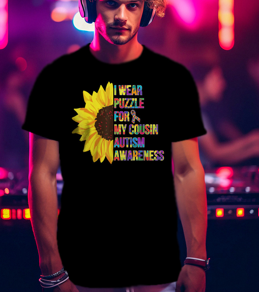 I Wear Puzzle For My Cousin Autism Awareness Sunflower T-Shirt