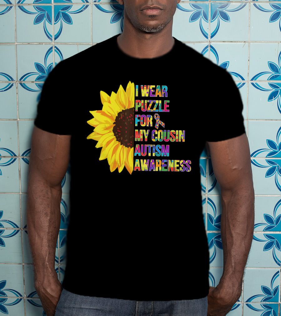 I Wear Puzzle For My Cousin Autism Awareness Sunflower T-Shirt
