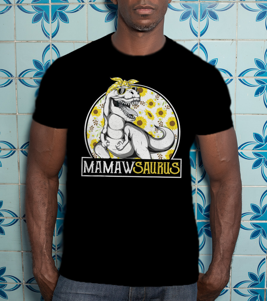 Mamaw Saurus Sunflower Dinosaur Grandma Fun Retro T-Rex T-Shirt