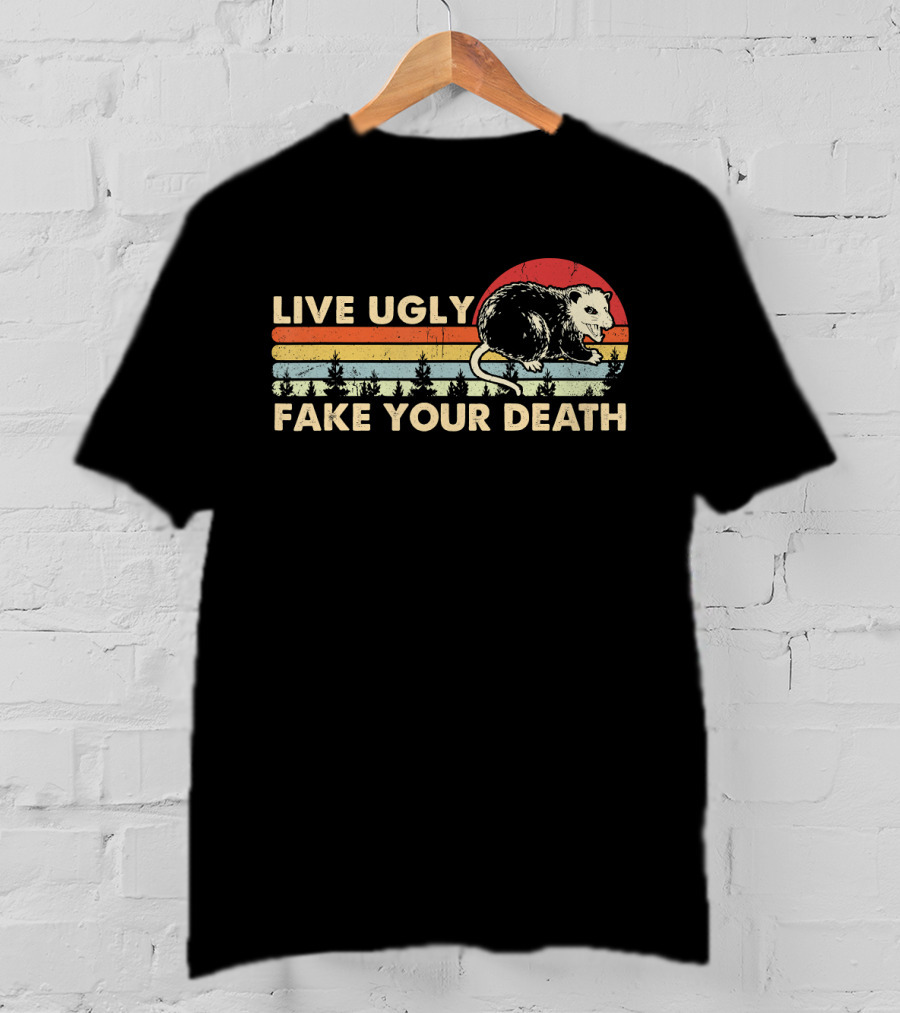 Live Ugly Fake Your Death Opossum Vintage Sunset Forest Retro T-Shirt