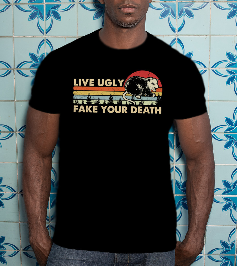 Live Ugly Fake Your Death Opossum Vintage Sunset Forest Retro T-Shirt
