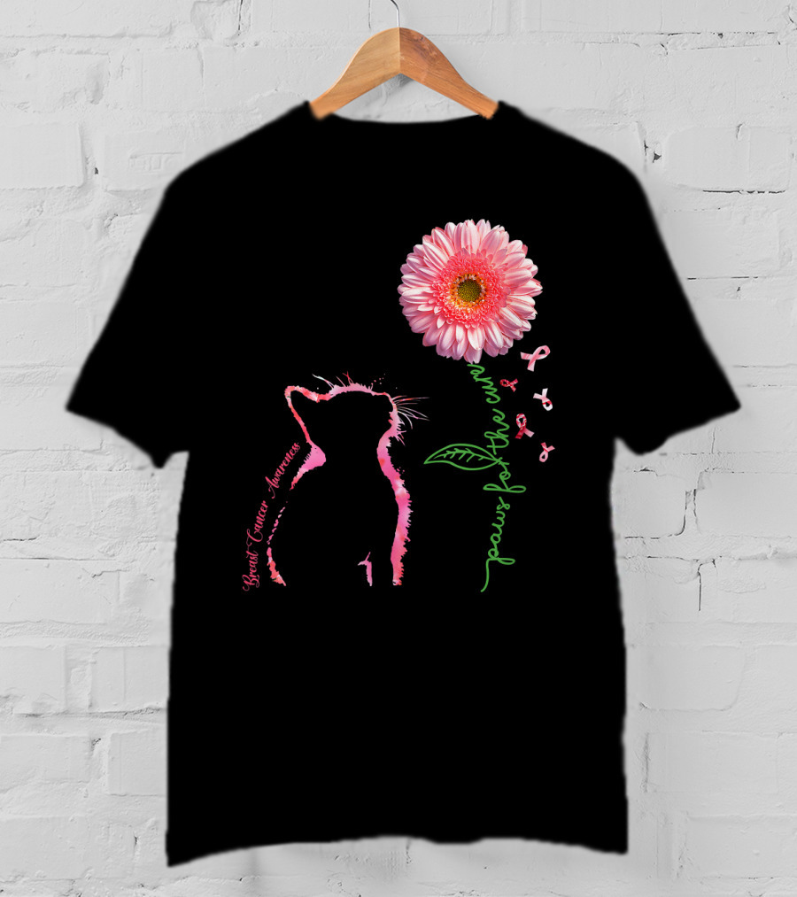 Paws For The Cure Breast Cancer Awareness Cat Pink Flower T-Shirt