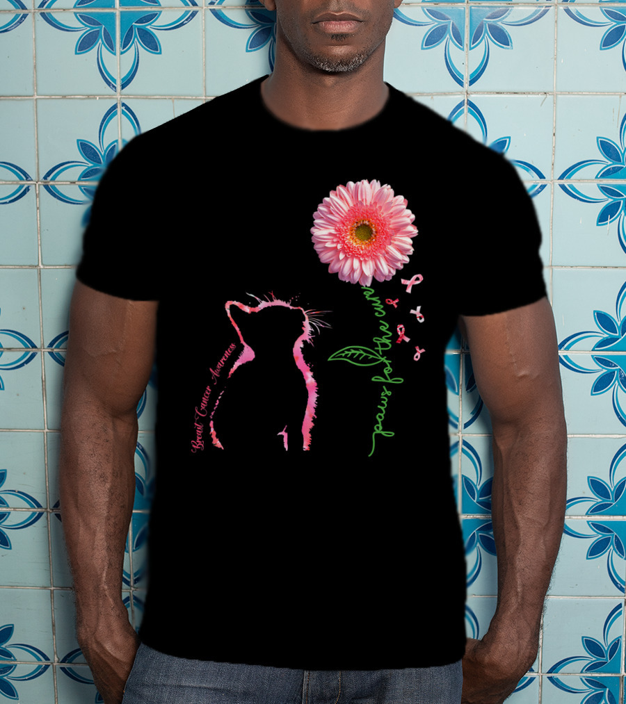 Paws For The Cure Breast Cancer Awareness Cat Pink Flower T-Shirt