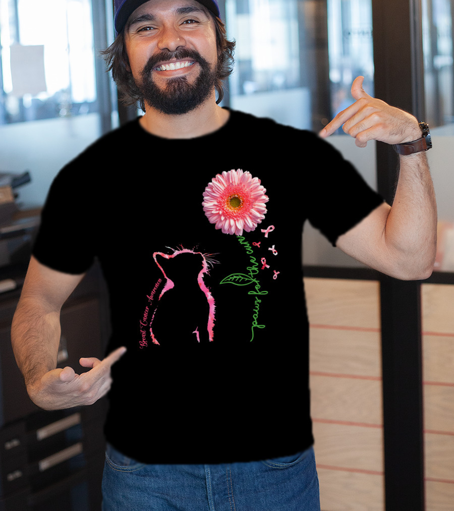 Paws For The Cure Breast Cancer Awareness Cat Pink Flower T-Shirt