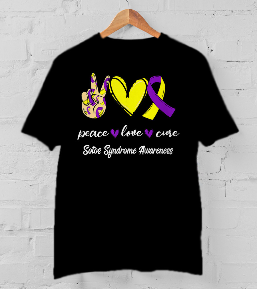 Peace Love Cure Yellow Heart Purple Ribbon Sotos Syndrome Awareness T-Shirt