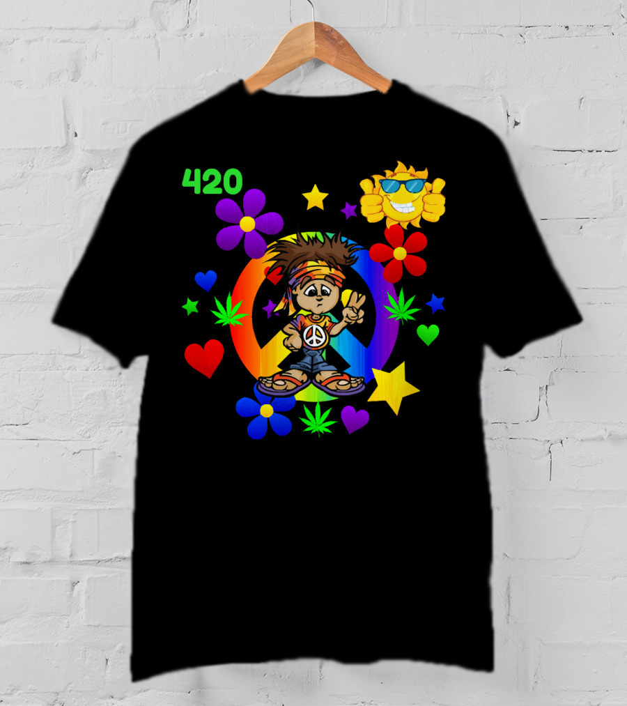 420 Peace Sign Hippie Cartoon With Sun And Colorful Flowers T-Shirt