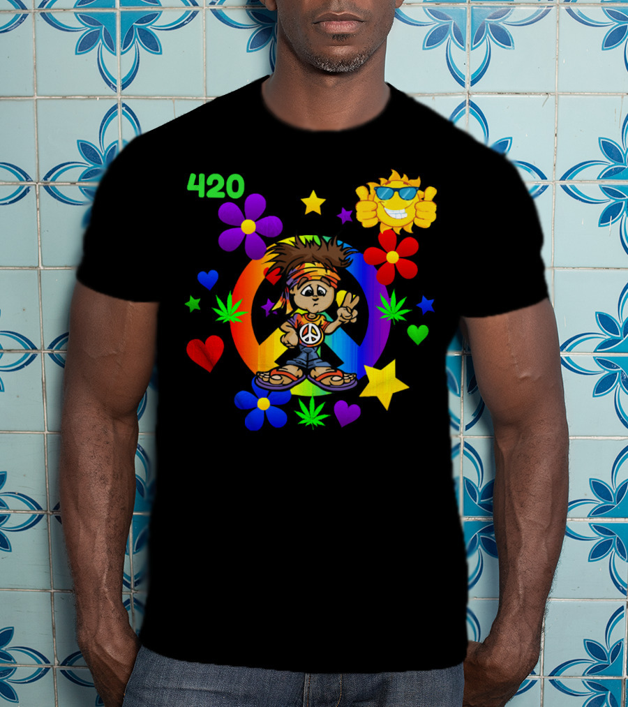 420 Peace Sign Hippie Cartoon With Sun And Colorful Flowers T-Shirt