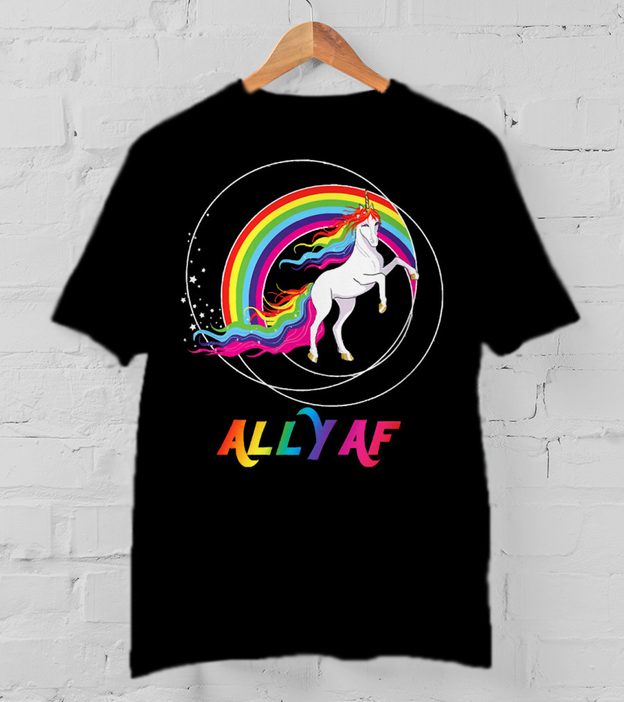 Rainbow Pride Ally AF Unicorn With Rainbow Pride Flag Colors T-Shirt