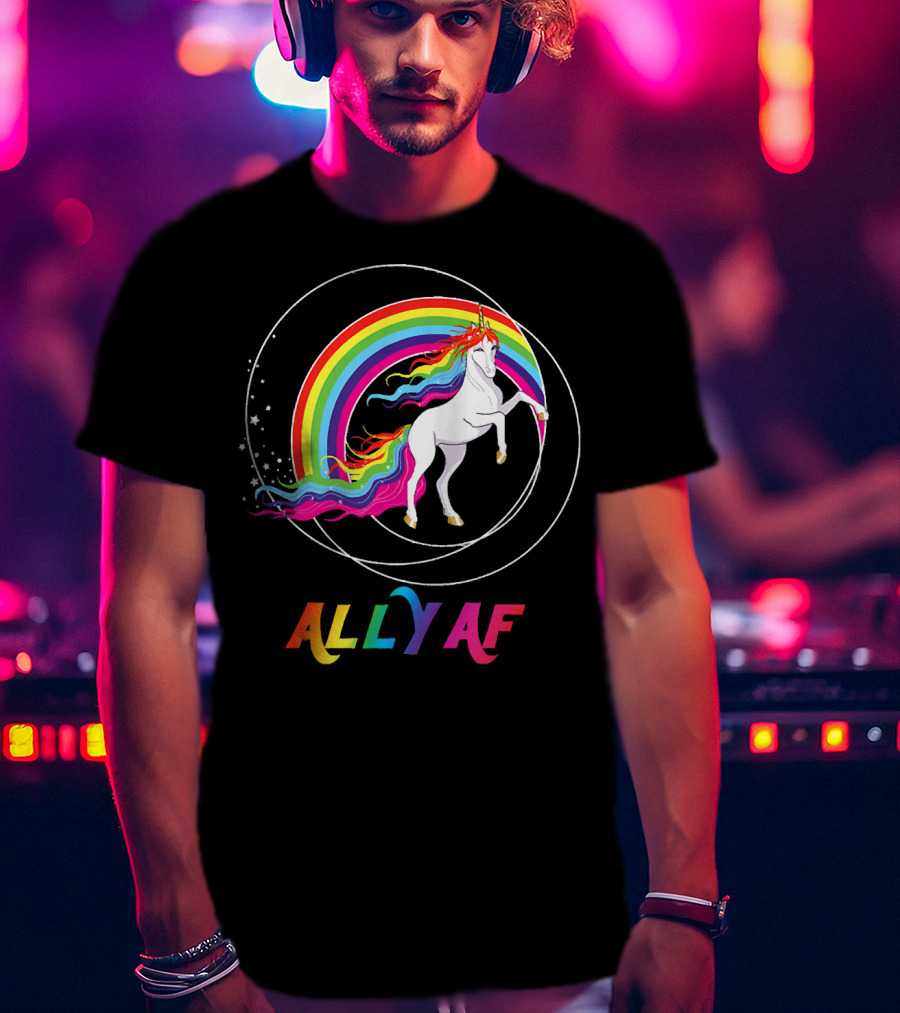 Rainbow Pride Ally AF Unicorn With Rainbow Pride Flag Colors T-Shirt