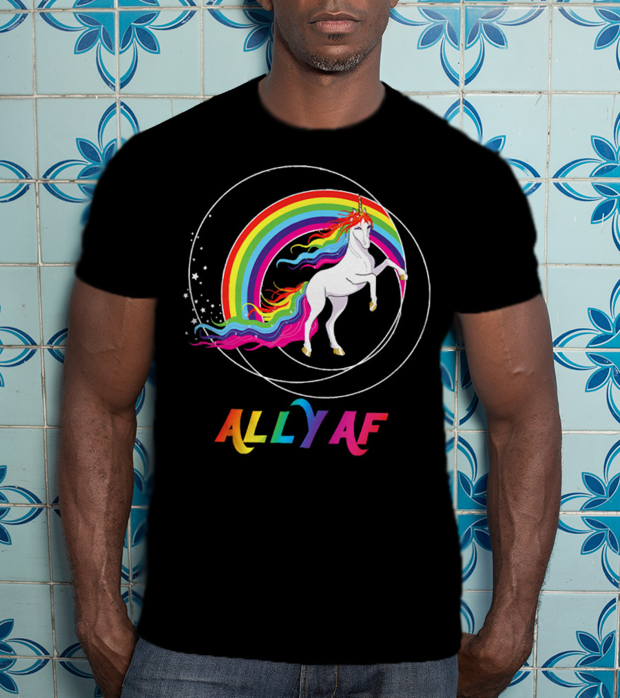 Rainbow Pride Ally AF Unicorn With Rainbow Pride Flag Colors T-Shirt