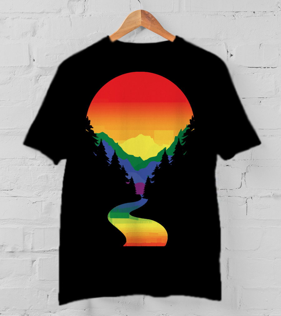 Rainbow Pride Sunset Silhouette Mountains Forest Pathway T-Shirt