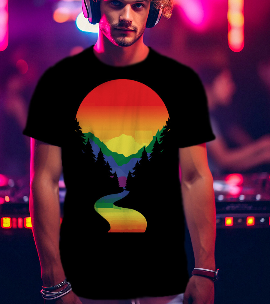 Rainbow Pride Sunset Silhouette Mountains Forest Pathway T-Shirt