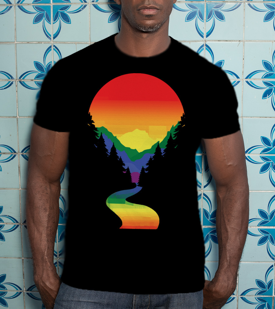 Rainbow Pride Sunset Silhouette Mountains Forest Pathway T-Shirt