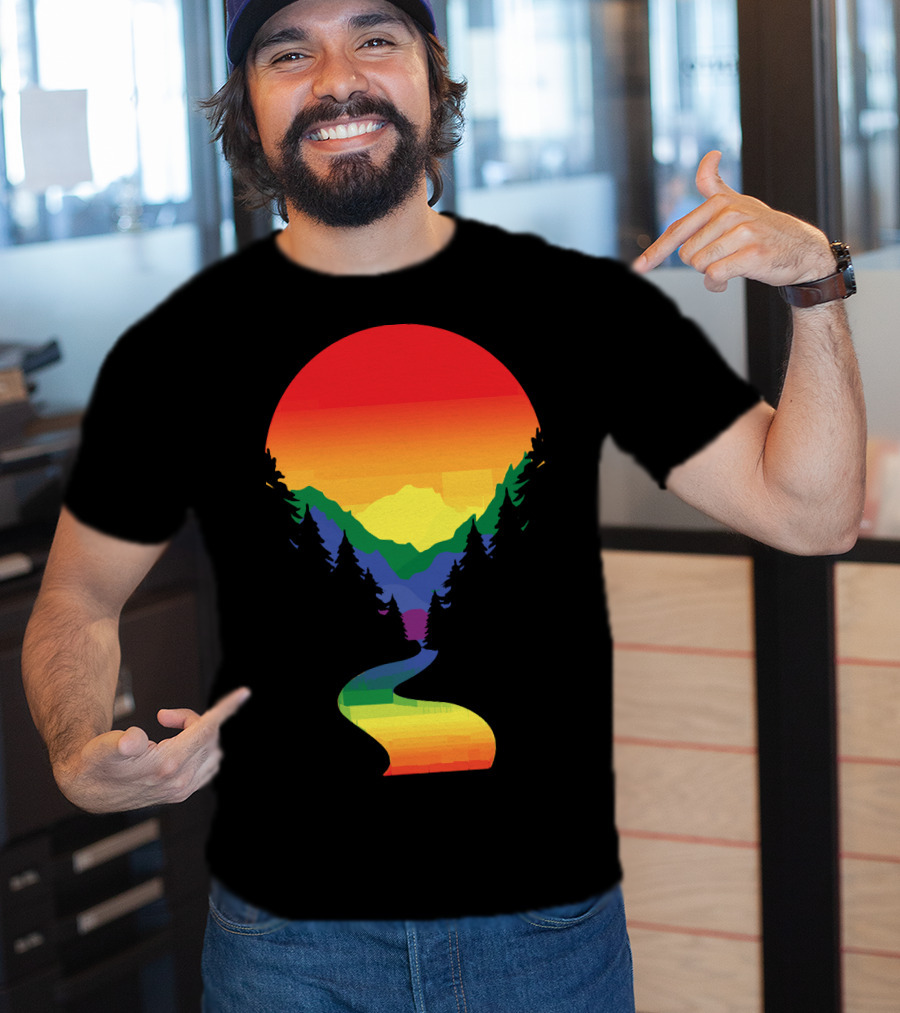 Rainbow Pride Sunset Silhouette Mountains Forest Pathway T-Shirt
