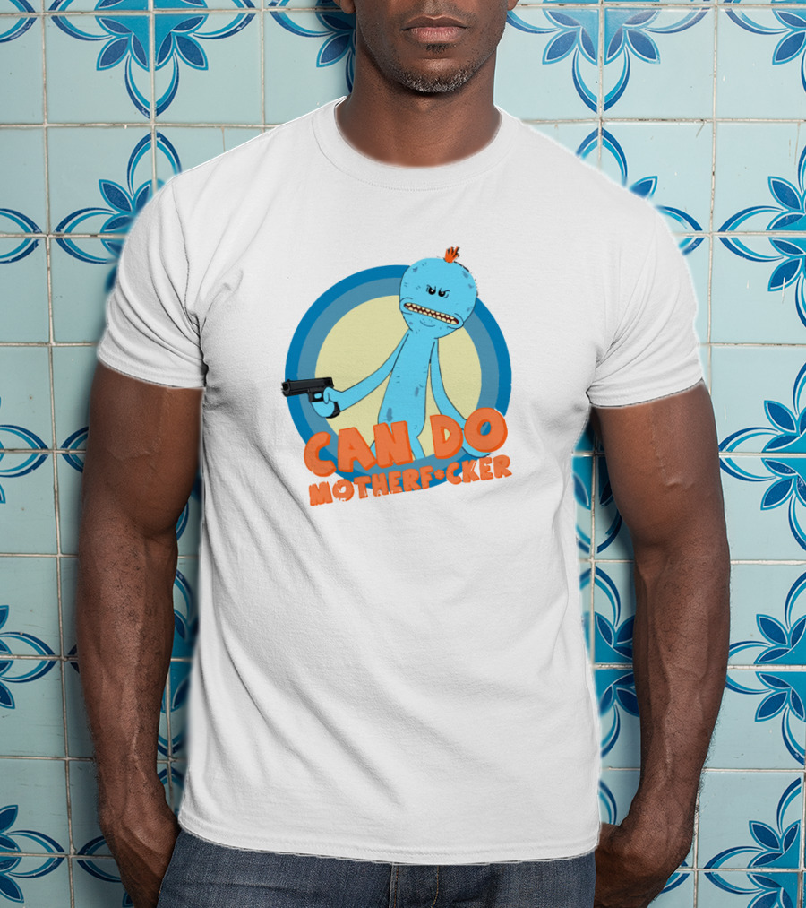 Can Do Motherfcker Gun-Wielding Blue Character With Orange Hair T-Shirt