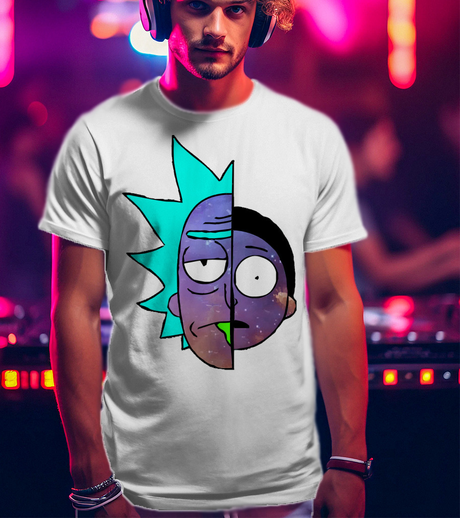 Galactic Rick And Morty Faces Cosmic Split Large T-Shirt