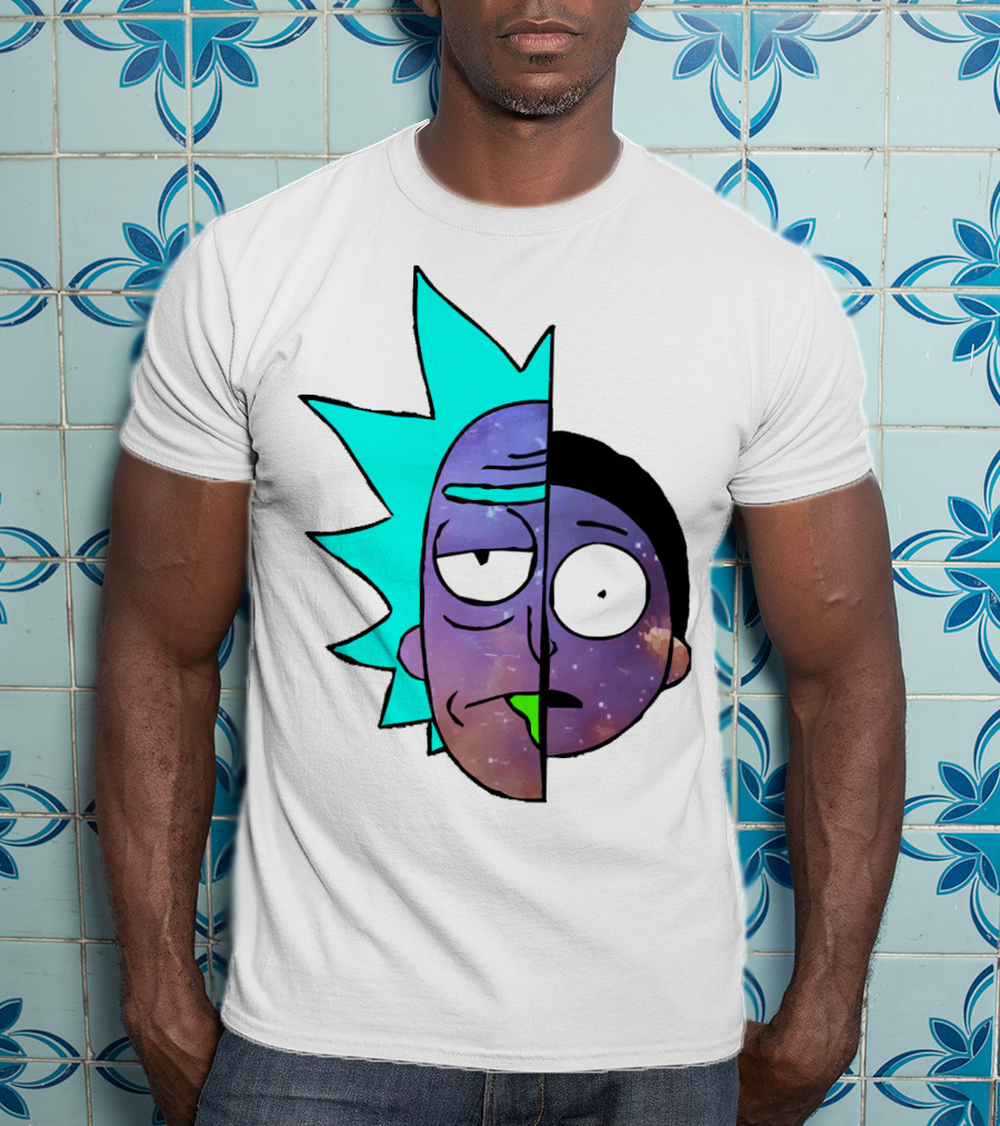 Galactic Rick And Morty Faces Cosmic Split Large T-Shirt