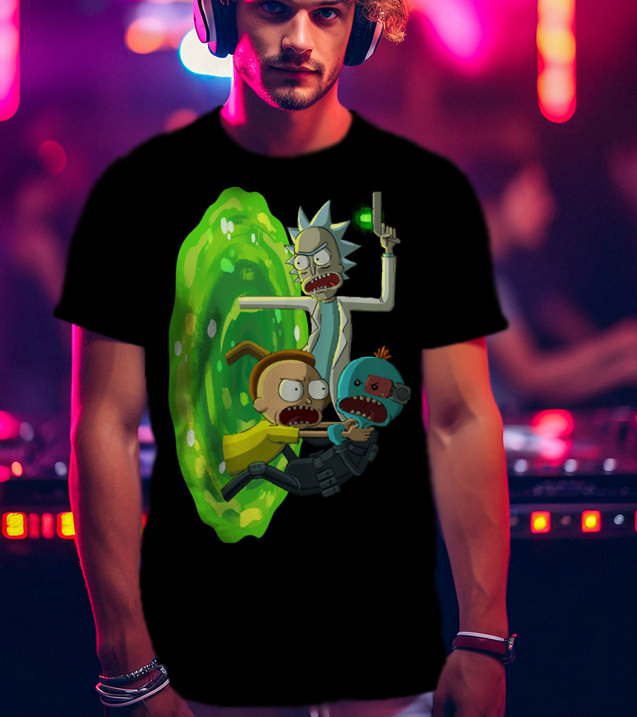 Rick And Morty Portal Escape With Meeseeks Cyborg Adventure T-Shirt
