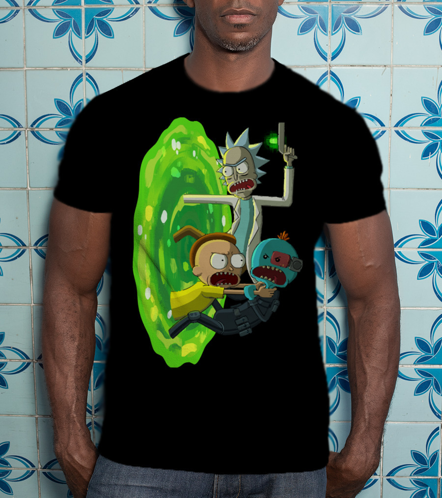 Rick And Morty Portal Escape With Meeseeks Cyborg Adventure T-Shirt