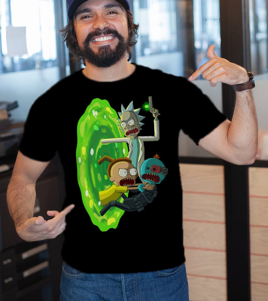 Rick And Morty Portal Escape With Meeseeks Cyborg Adventure T-Shirt