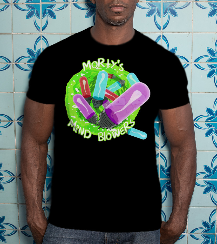 Morty's Mind Blowers Colorful Vials In Green Portal T-Shirt