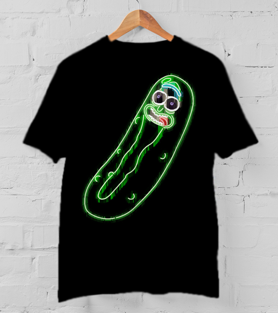 Neon Pickle Rick Left Pocket Glowing Expression T-Shirt