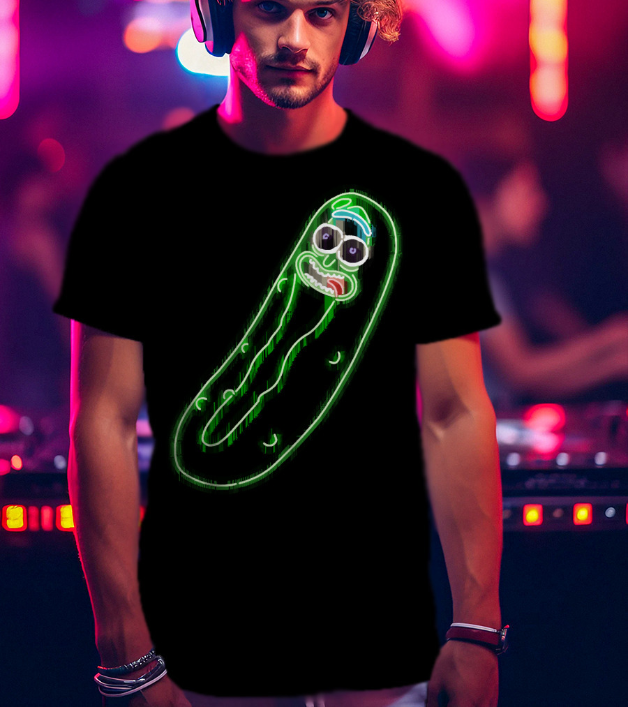 Neon Pickle Rick Left Pocket Glowing Expression T-Shirt
