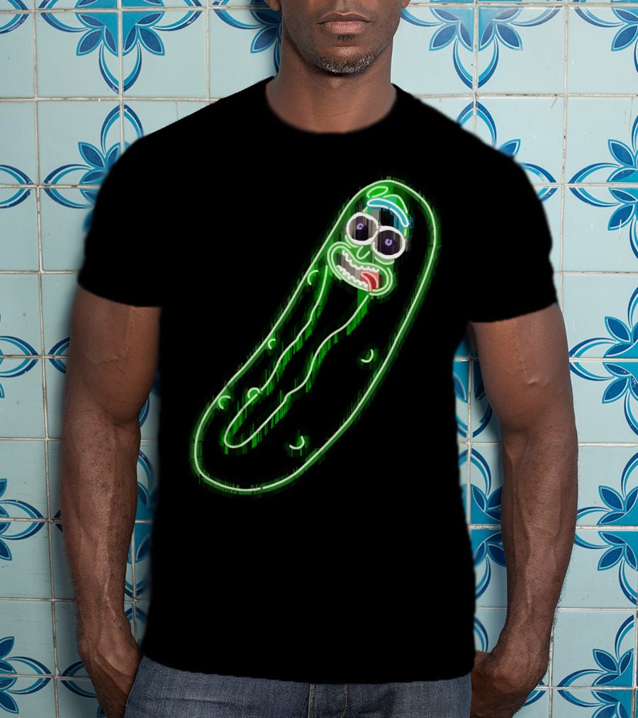 Neon Pickle Rick Left Pocket Glowing Expression T-Shirt