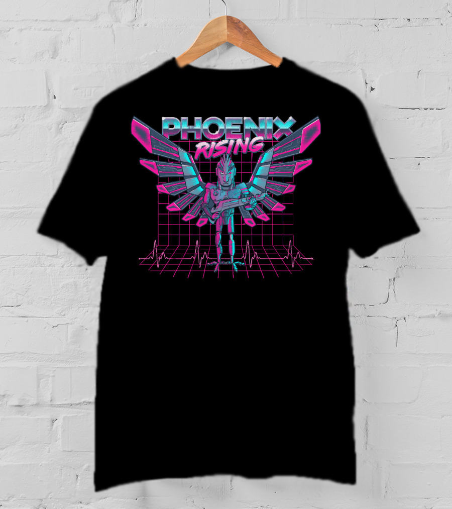 Phoenix Rising Rick And Morty Birdperson Retro Neon Grid Wings T-Shirt