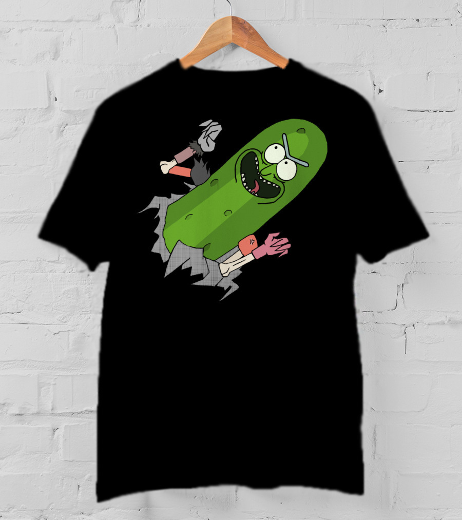 Pickle Rick Breaking Through Punching Action T-Shirt