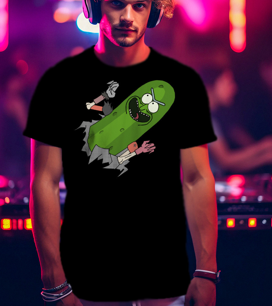 Pickle Rick Breaking Through Punching Action T-Shirt