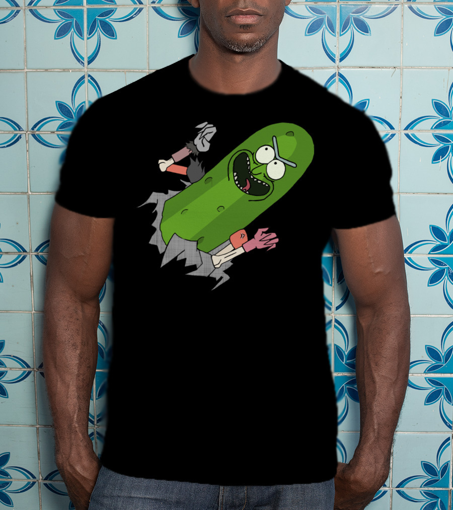 Pickle Rick Breaking Through Punching Action T-Shirt