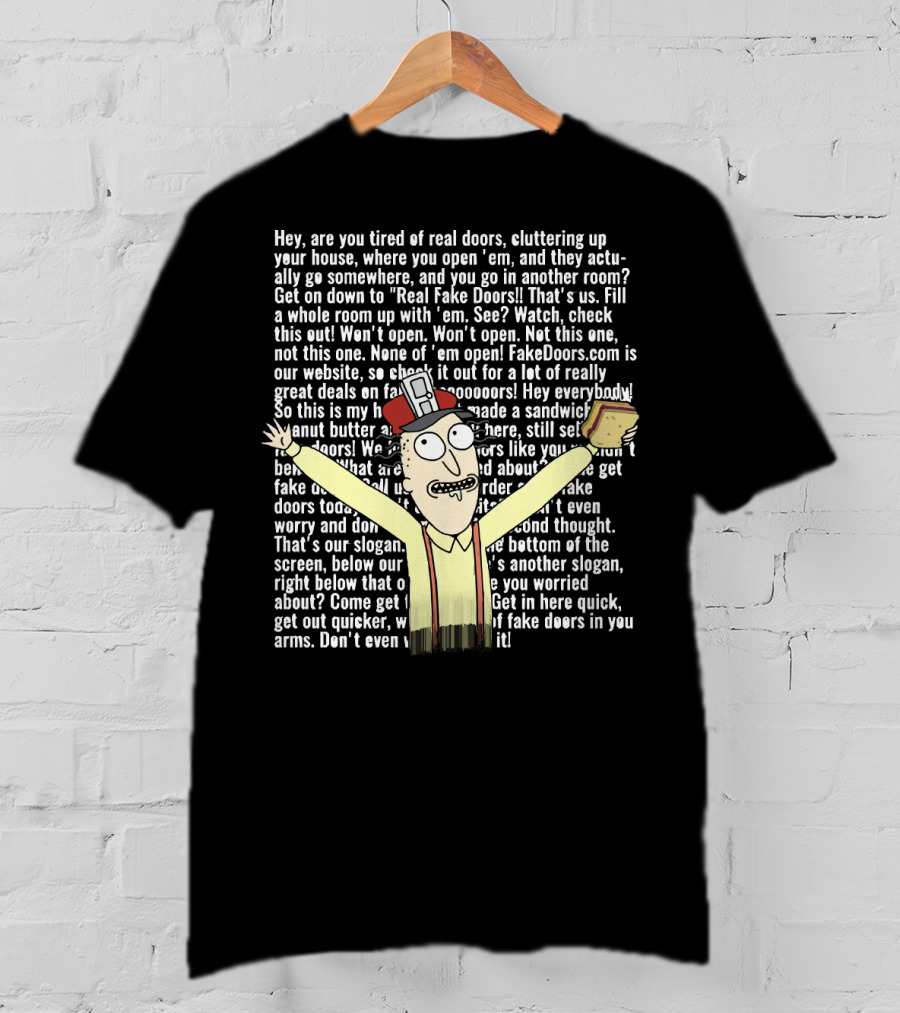 Real Fake Doors Funny Long Text Character Illustration With Sandwich T-Shirt