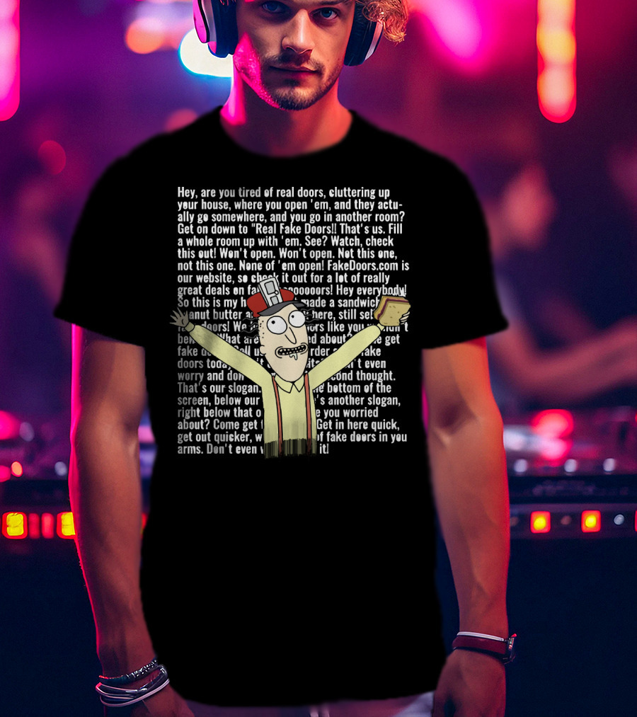 Real Fake Doors Funny Long Text Character Illustration With Sandwich T-Shirt