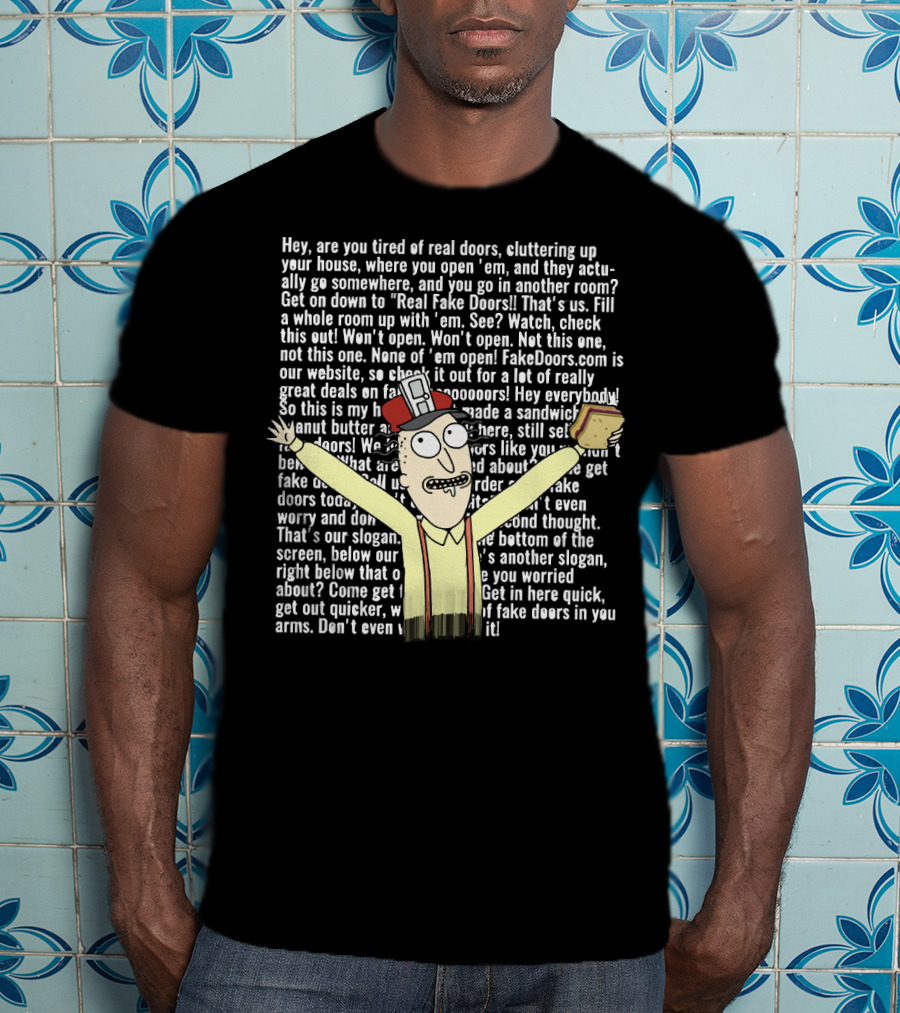 Real Fake Doors Funny Long Text Character Illustration With Sandwich T-Shirt