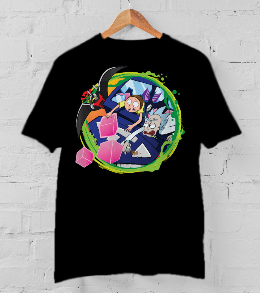 Rick And Morty In Cyber Portal Adventure With Pink Cubes And Alien Figures T-Shirt