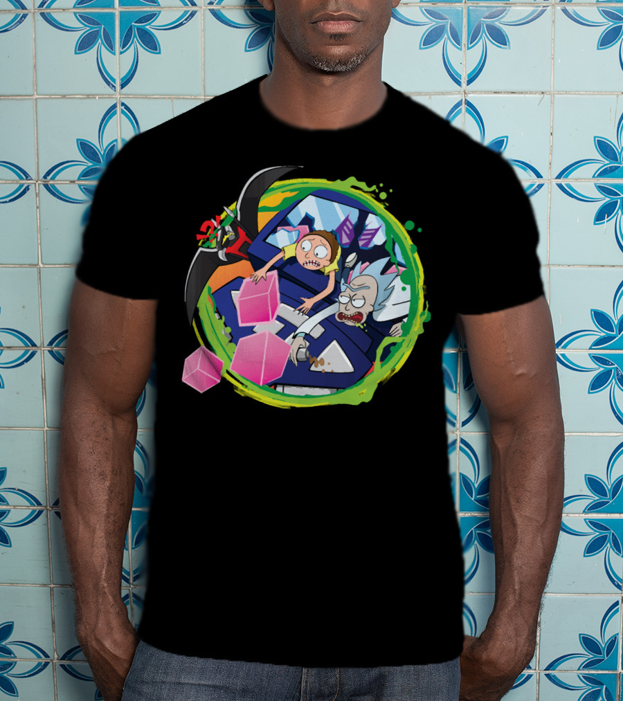 Rick And Morty In Cyber Portal Adventure With Pink Cubes And Alien Figures T-Shirt
