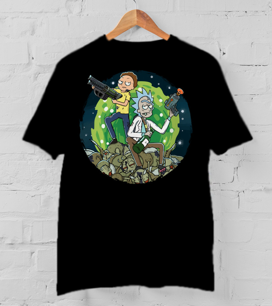 Rick And Morty Battle Against The Gromflomites In Outer Space Adventure Background T-Shirt