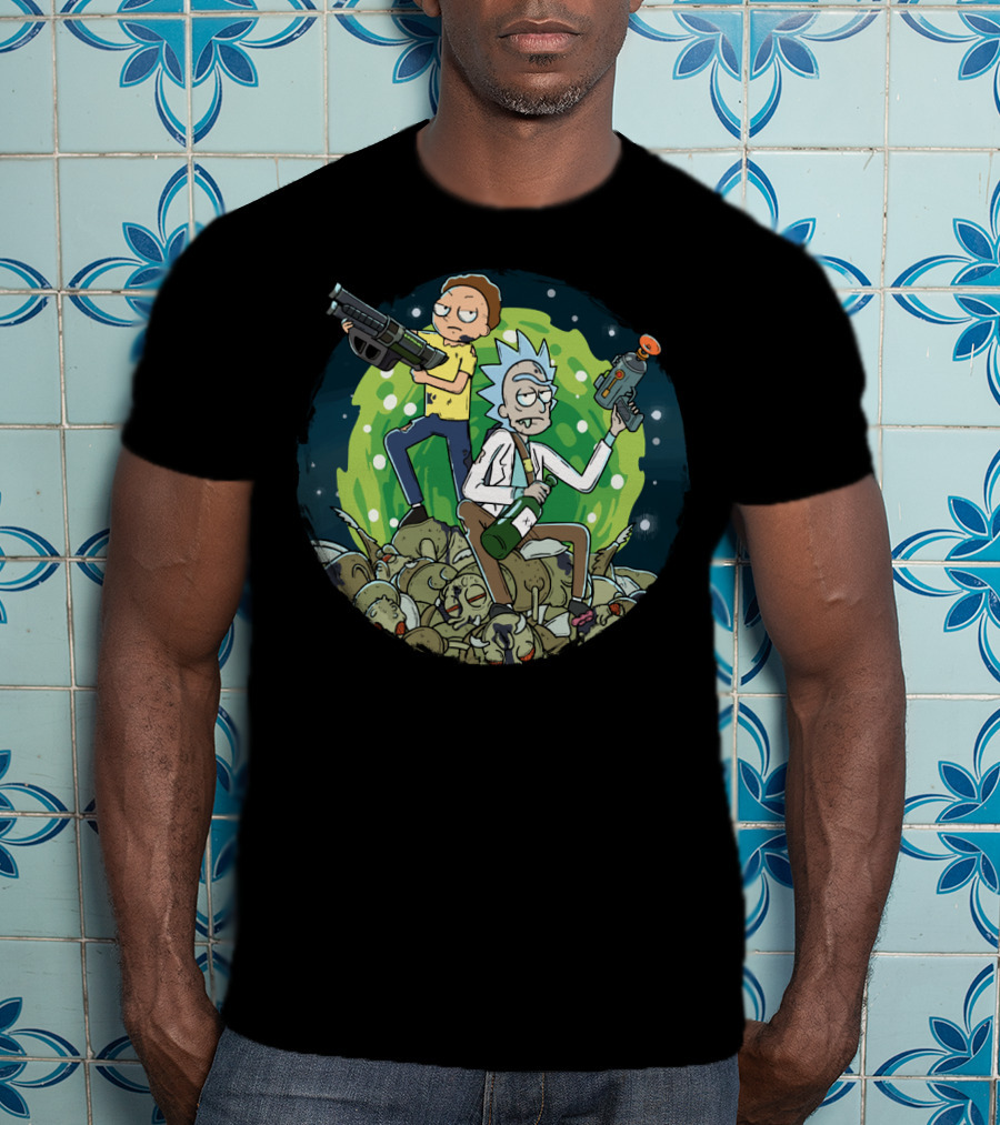 Rick And Morty Battle Against The Gromflomites In Outer Space Adventure Background T-Shirt