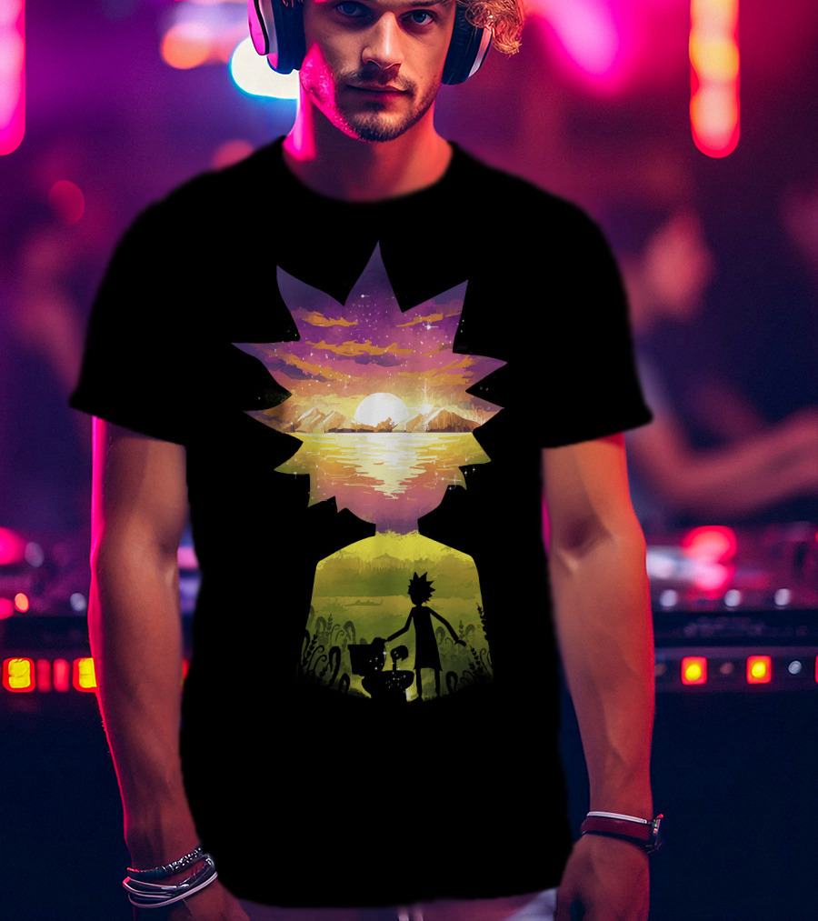 Rick And Morty Cosmic Sunset Adventure Scene T-Shirt
