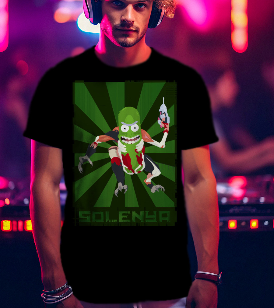 SOLENYA Mutant Pickle Character With Tools And Green Background T-Shirt