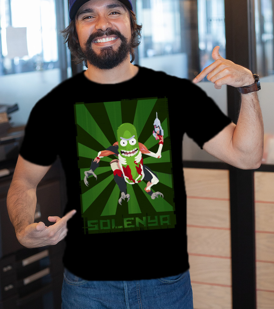 SOLENYA Mutant Pickle Character With Tools And Green Background T-Shirt