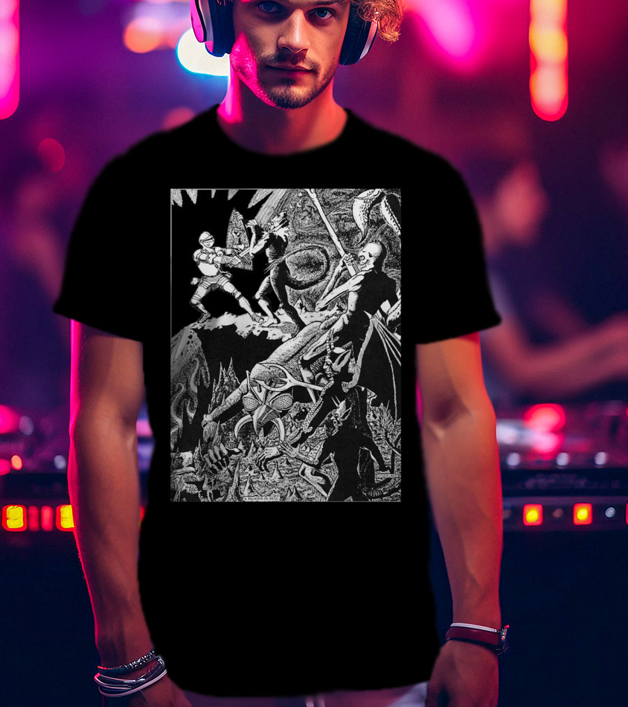 PALADIN IN HELL Classic Dungeon Adventure Battle Scene With Demons And Warriors T-Shirt