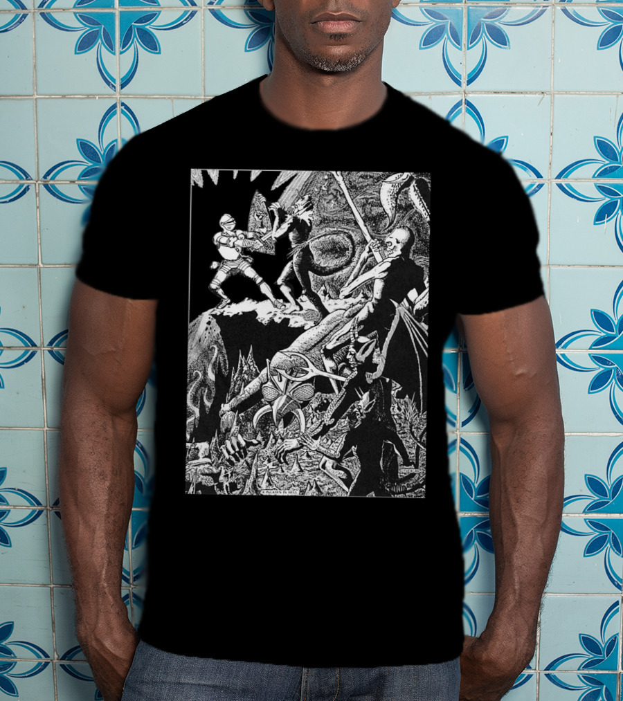 PALADIN IN HELL Classic Dungeon Adventure Battle Scene With Demons And Warriors T-Shirt