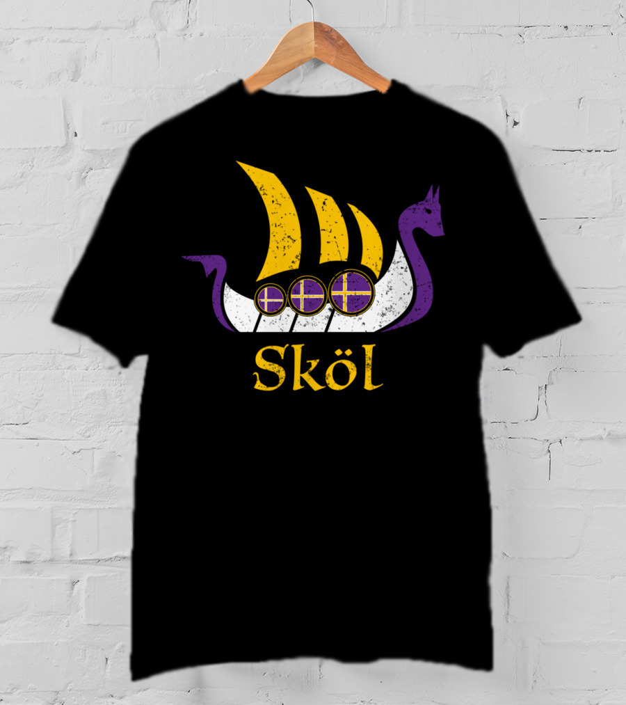 Skol Nordic Scandinavian Vikings Boat With Purple And Yellow Dragon Head T-Shirt